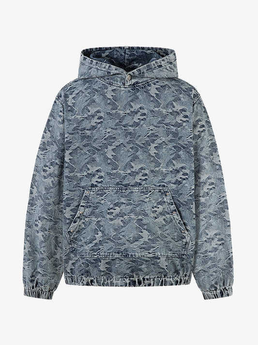 Camouflage Print Denim Hoodie with Front Pocket - Perfect for Casual and Streetwear Styles 