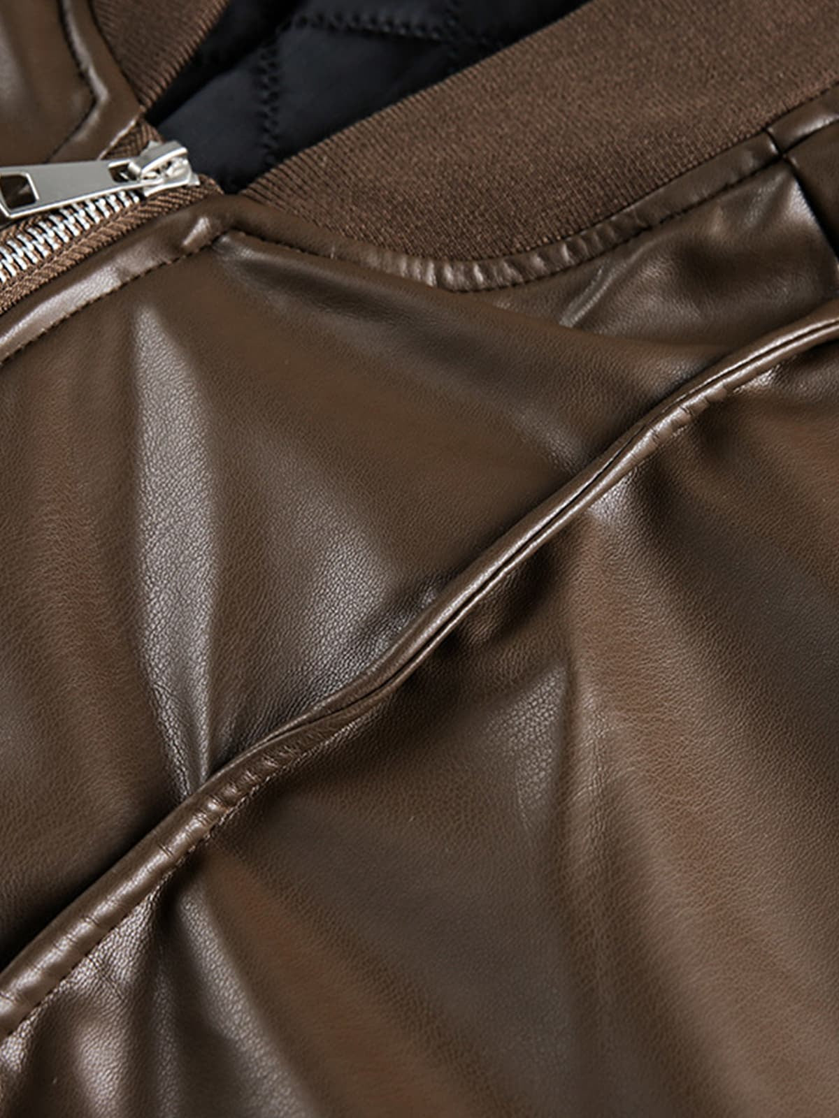 Retro Brown Faux Leather Zip-Up Bomber Jacket 