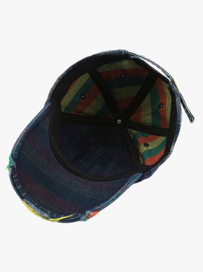 Denim Baseball Cap with Distressed Design and Colorful Stitching for Casual Wear?