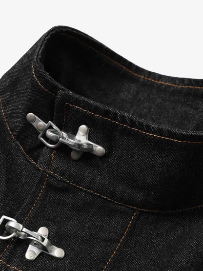 Dark Denim Toggle Button Jacket with Stand Collar and Front Pockets 