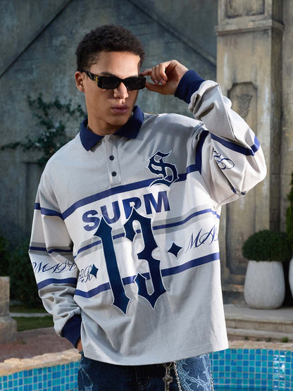 Supermade Color-Blocked Polo Collar Embroidered Print Long-Sleeved Jersey?