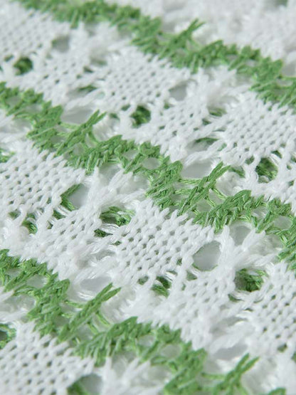 Knitted Cotton Blend Striped Polo Shirt with Openwork Pattern 