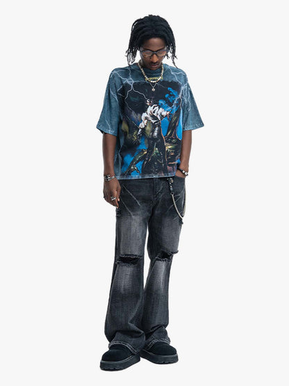 300G Jade Pattern Dyed Cotton T-Shirt with Lightning Graphic Print Oversized Streetwear Tee?