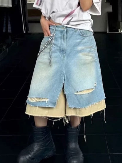 Cotton Denim Layered Ripped Shorts with Beige Underlayer for Men and Women, Fashionable Streetwear Style?