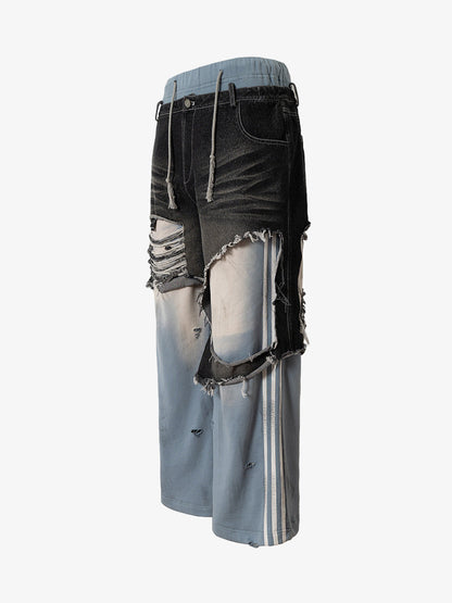 Thesupermade Double-waistband Denim Patchwork Ripped Casual Pants 