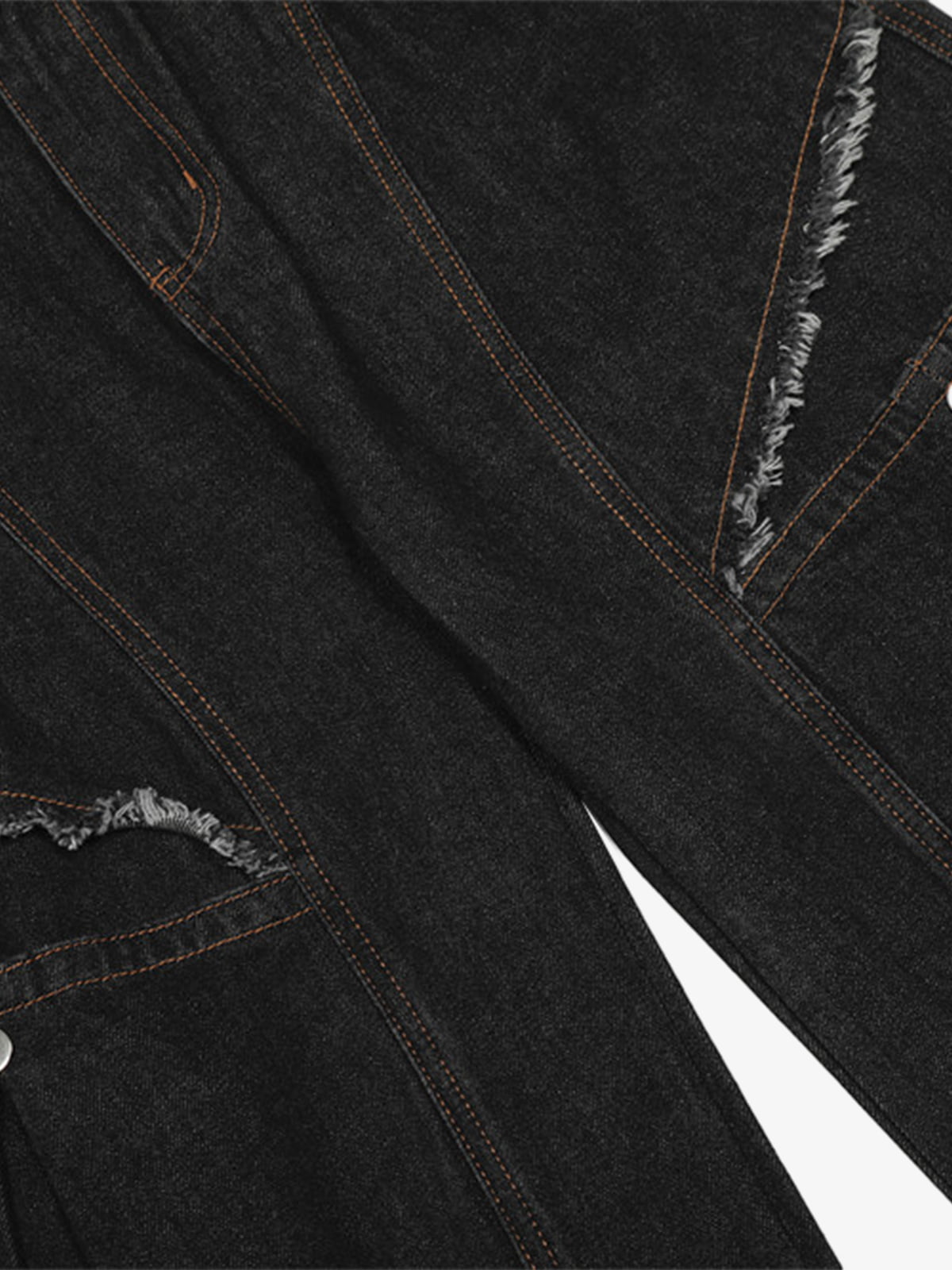 Wide-Leg Denim Trousers with Distressed Pockets and Functional Design 