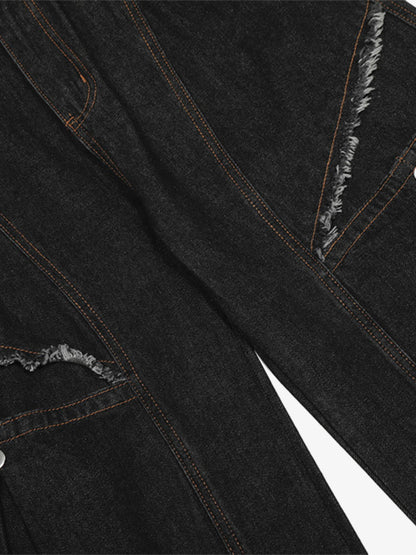 Wide-Leg Denim Trousers with Distressed Pockets and Functional Design 