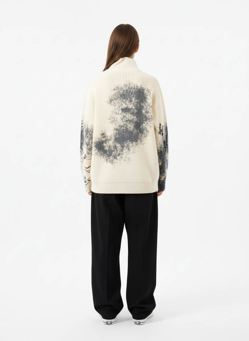 Ink-Splashed Butterfly Jacquard Zip Knit Sweater