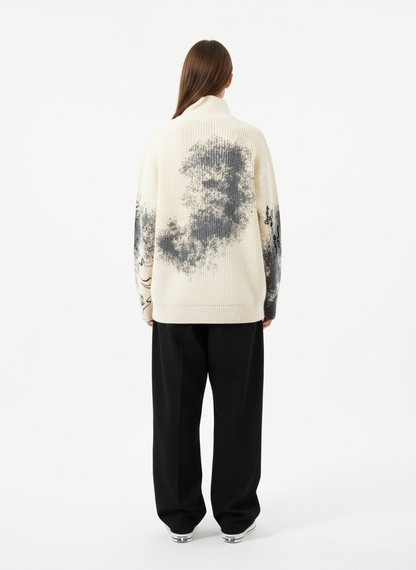 Ink-Splashed Butterfly Jacquard Zip Knit Sweater