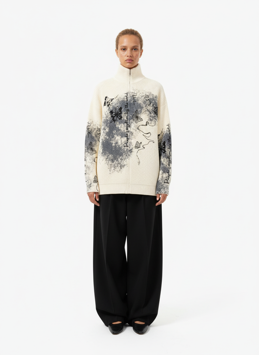 Ink-Splashed Butterfly Jacquard Zip Knit Sweater