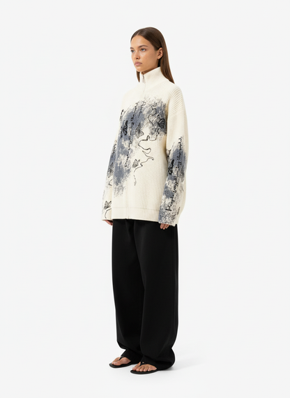 Ink-Splashed Butterfly Jacquard Zip Knit Sweater