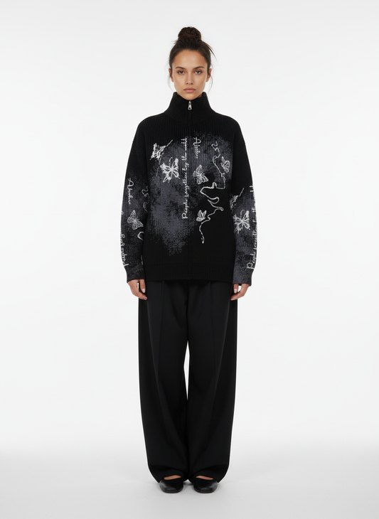 Ink-Splashed Butterfly Jacquard Zip Knit Sweater