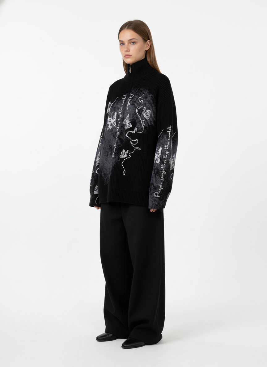 Ink-Splashed Butterfly Jacquard Zip Knit Sweater
