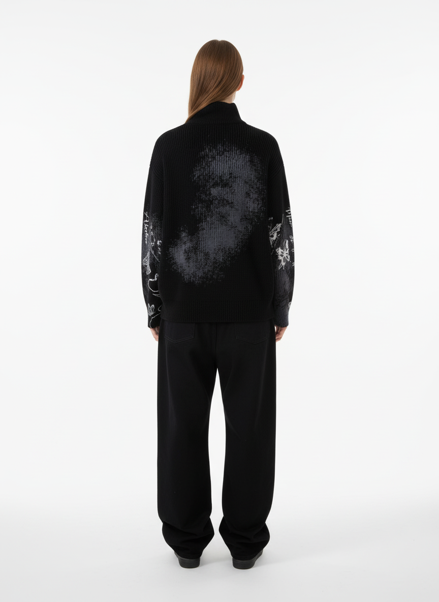 Ink-Splashed Butterfly Jacquard Zip Knit Sweater