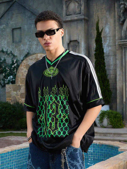 Supermade Color-Blocked V-Neck Embroidered Jersey Short-Sleeved?