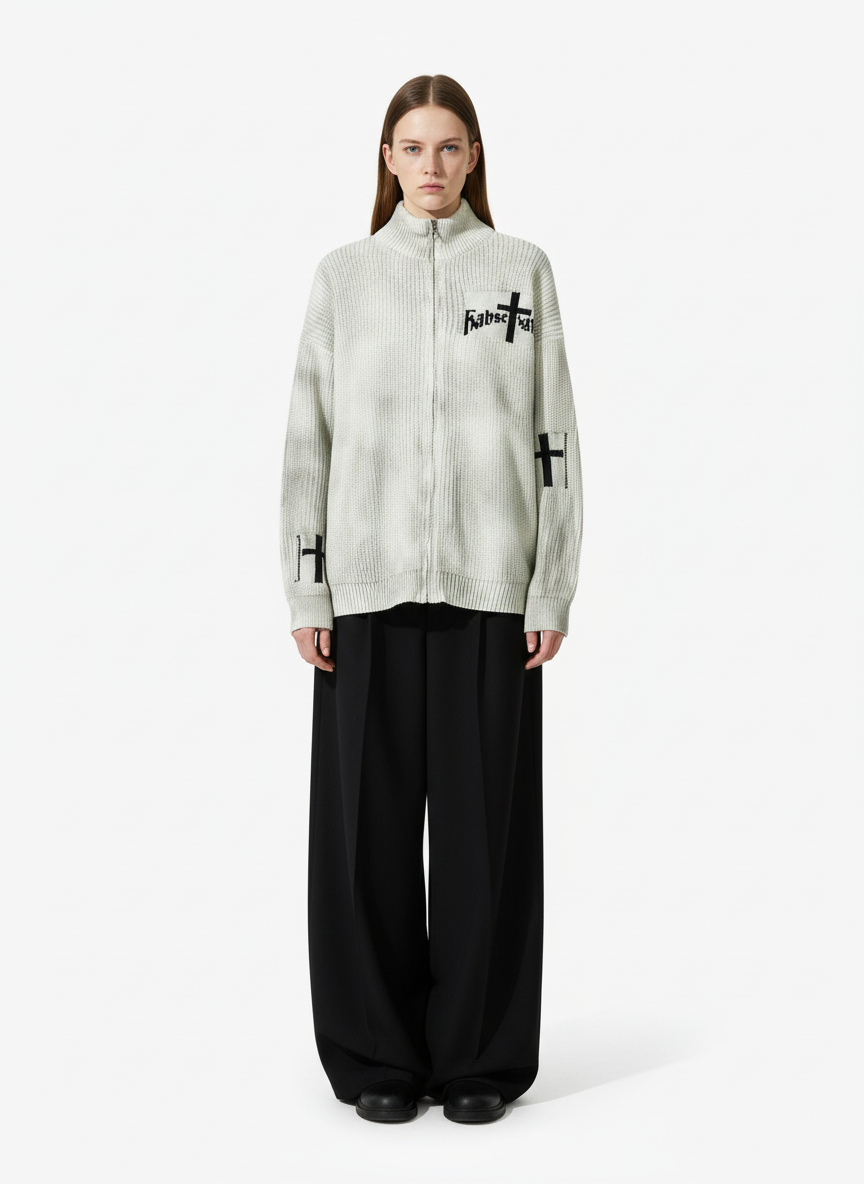 Ribbed Knit Dirty Dyed Embroidery Cross Sweater - 2465