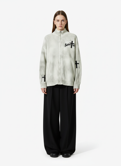 Ribbed Knit Dirty Dyed Embroidery Cross Sweater - 2465