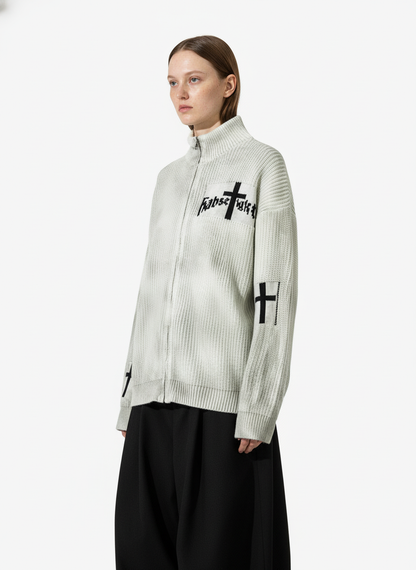 Ribbed Knit Dirty Dyed Embroidery Cross Sweater - 2465