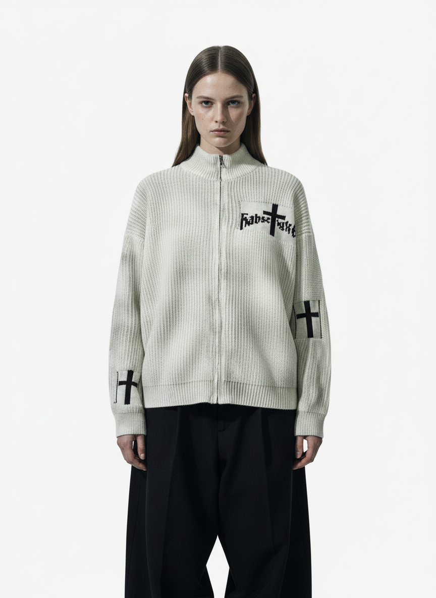 Ribbed Knit Dirty Dyed Embroidery Cross Sweater - 2465