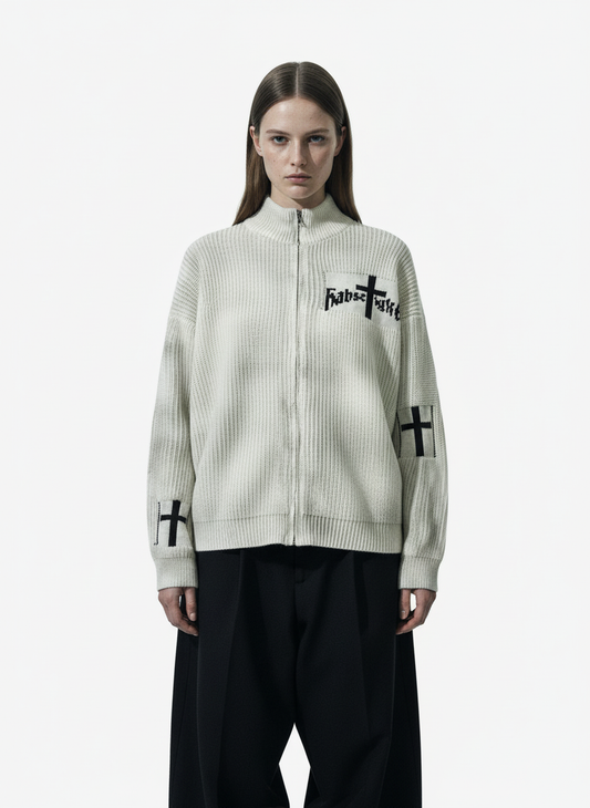 Ribbed Knit Dirty Dyed Embroidery Cross Sweater - 2465