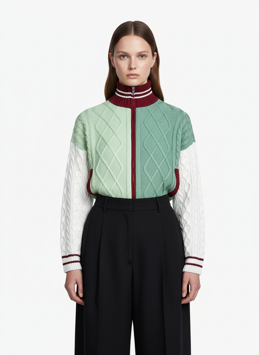 Retro Contrast Color High Neck Knitted Cardigan Sweater