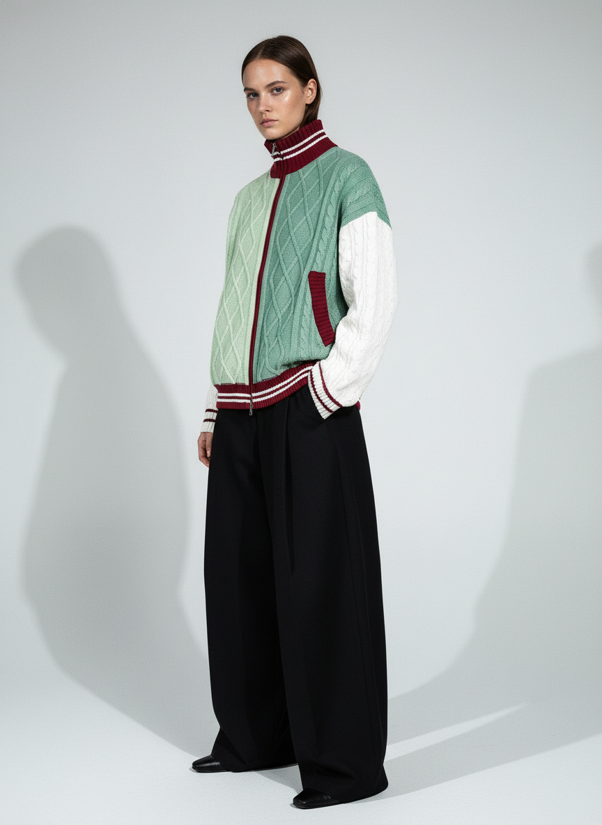 Retro Contrast Color High Neck Knitted Cardigan Sweater