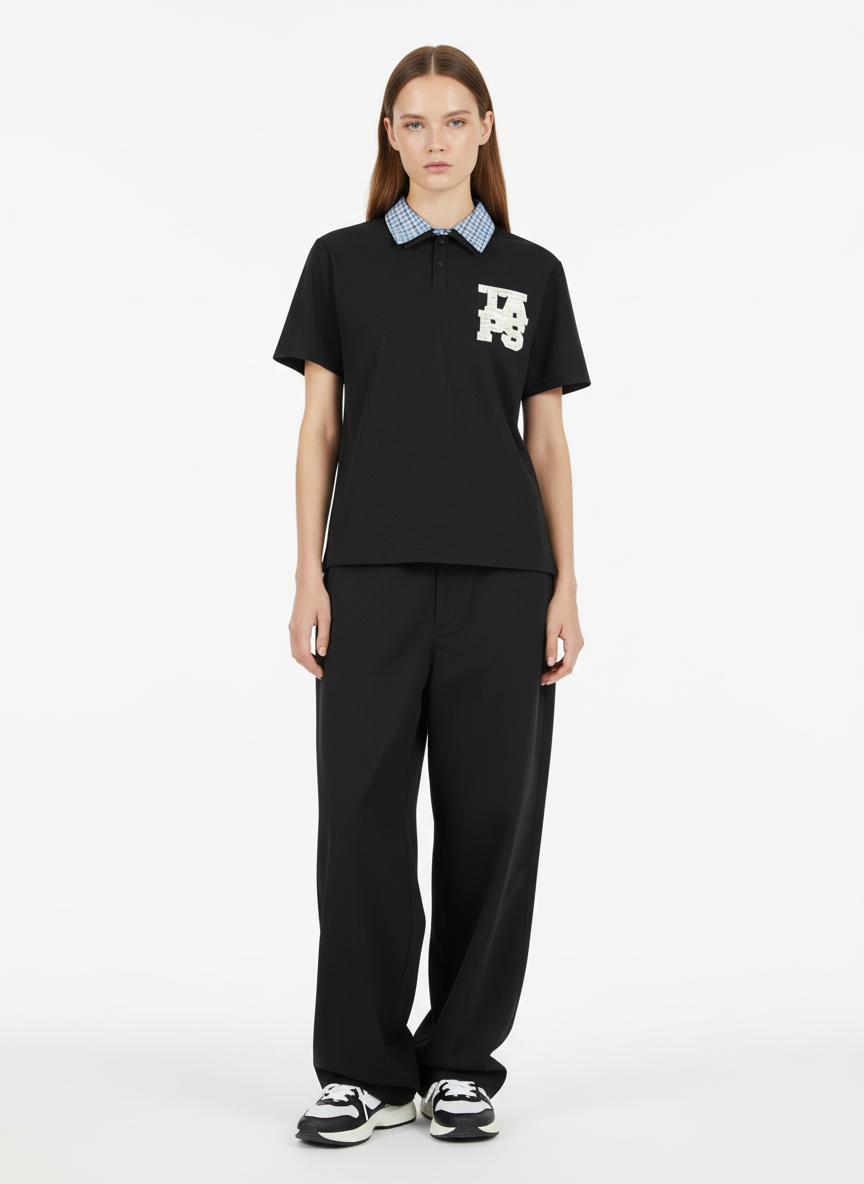 Retro Pearl Letter Plaid Collar Polo Shirt