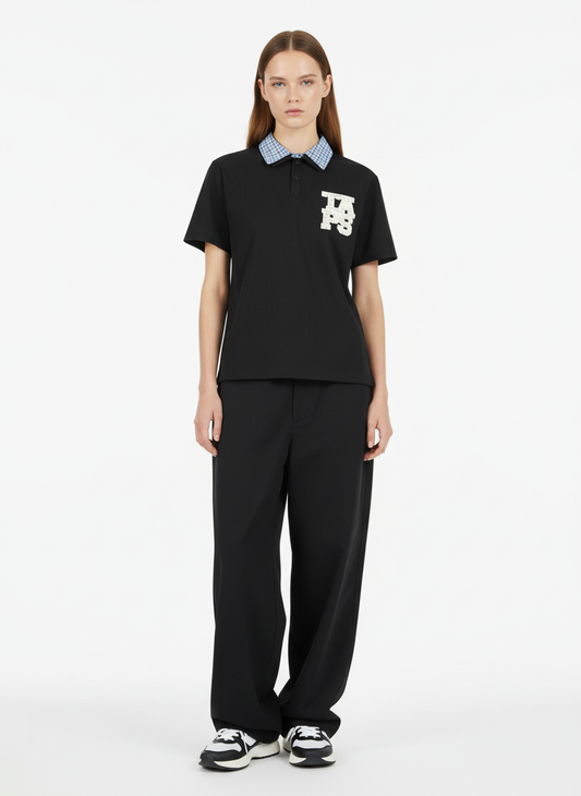 Retro Pearl Letter Plaid Collar Polo Shirt