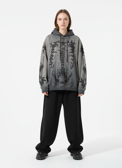 Street Washed Distressed Dark Skeletons Print Hoodie