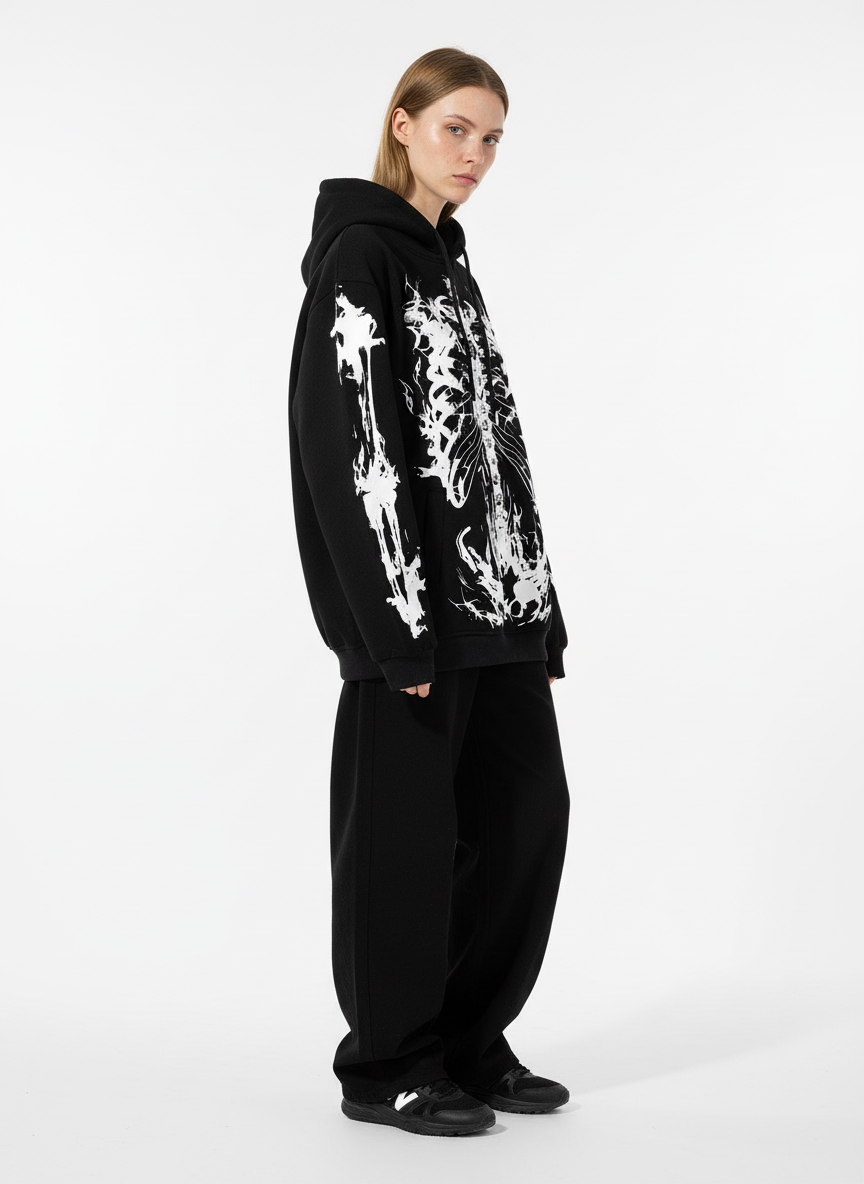 Street Washed Distressed Dark Skeletons Print Hoodie