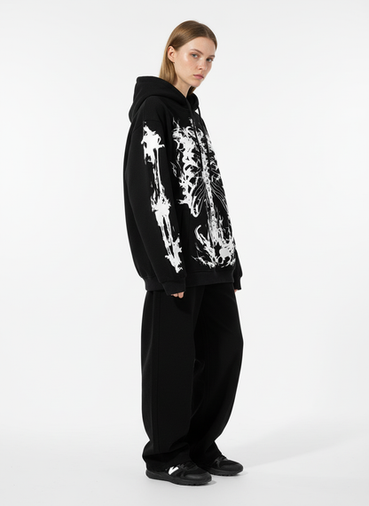 Street Washed Distressed Dark Skeletons Print Hoodie
