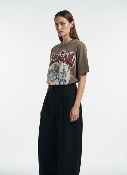 Retro Blindfold Angel Rhinestone Letter Graphic T-Shirt