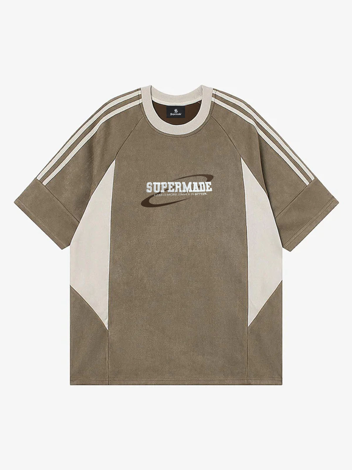 Suede Contrast Color Spliced Letter Embroidery Oversize T-shirt - 2462 
