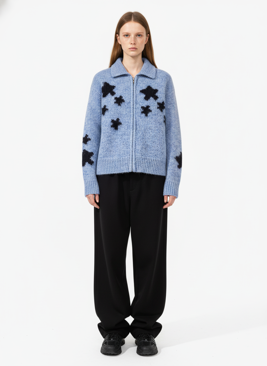 Casual Star Jacquard Double-Zip Cardigan Sweater