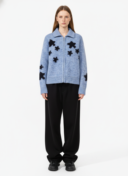 Casual Star Jacquard Double-Zip Cardigan Sweater