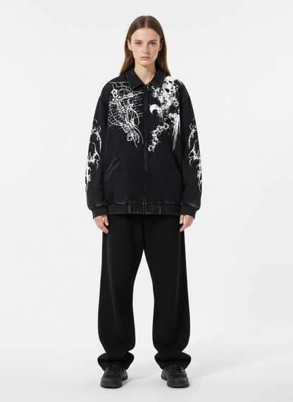 Retro Dark Skull Cross Print Lapel Zipper Jacket