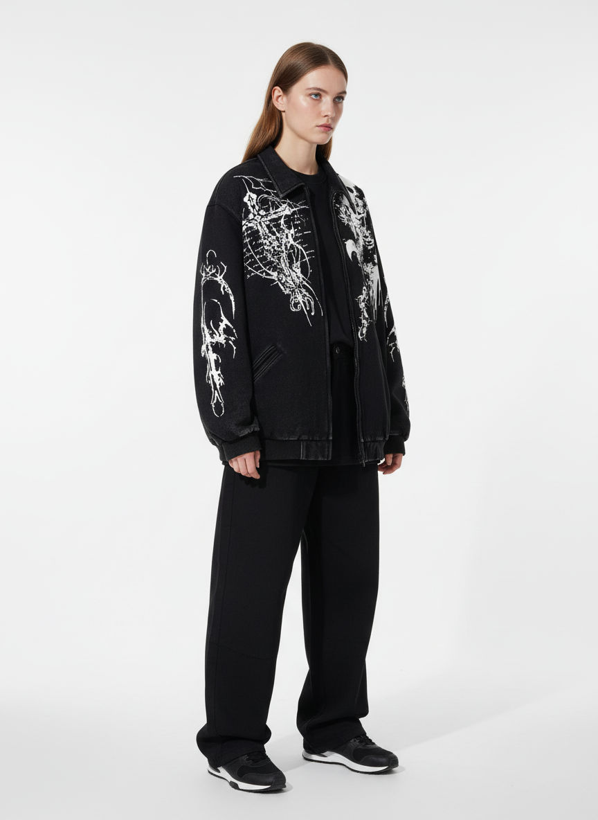 Retro Dark Skull Cross Print Lapel Zipper Jacket