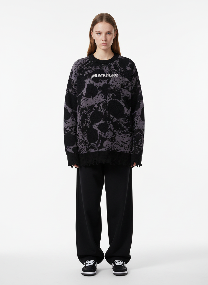 Dark Street Skull Frayed Hem Sweater