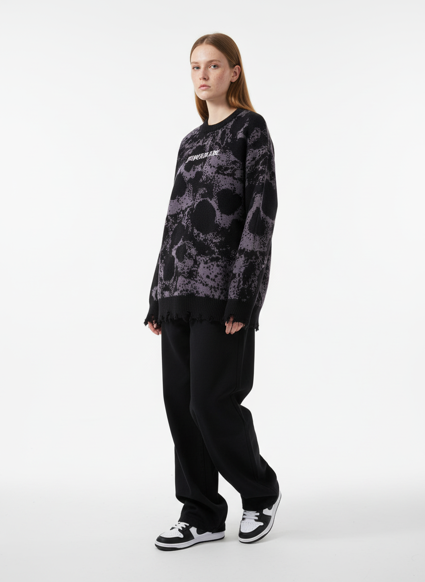 Dark Street Skull Frayed Hem Sweater