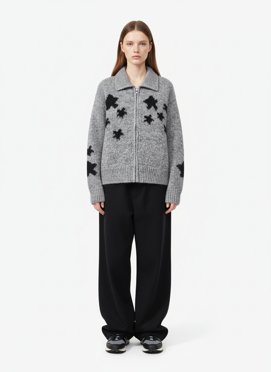 Casual Star Jacquard Double-Zip Cardigan Sweater