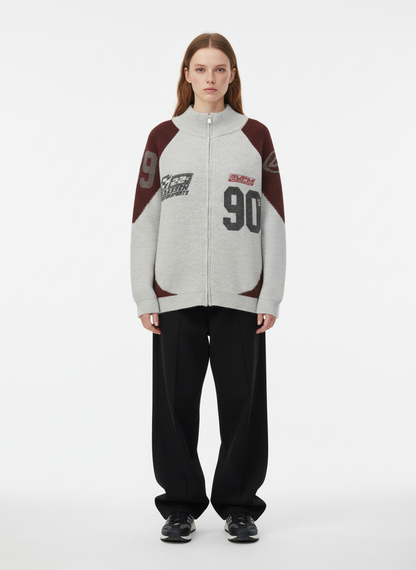 High Street Biker Style Patchwork Zip-up Knitted Jacket