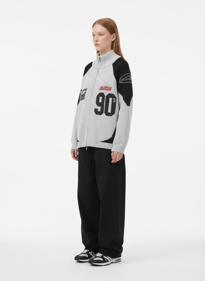 High Street Biker Style Patchwork Zip-up Knitted Jacket