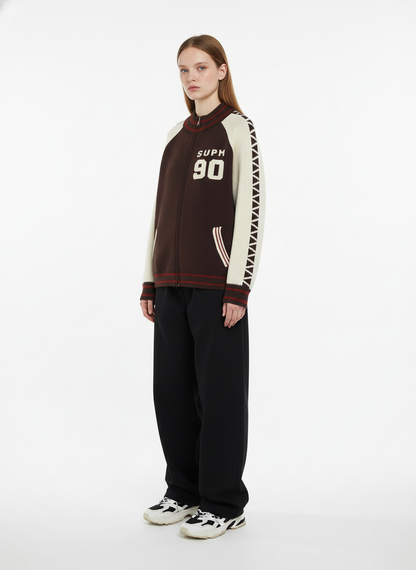 Retro Motorcycle Colorblock  Knitted Zip-up Sweater Jacket