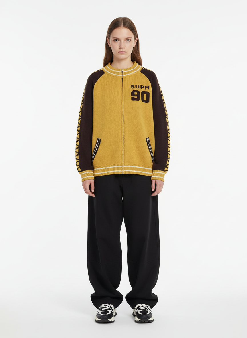 Retro Motorcycle Colorblock  Knitted Zip-up Sweater Jacket