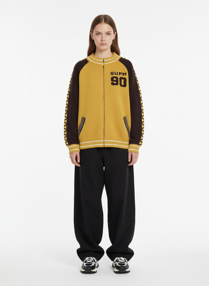 Retro Motorcycle Colorblock  Knitted Zip-up Sweater Jacket