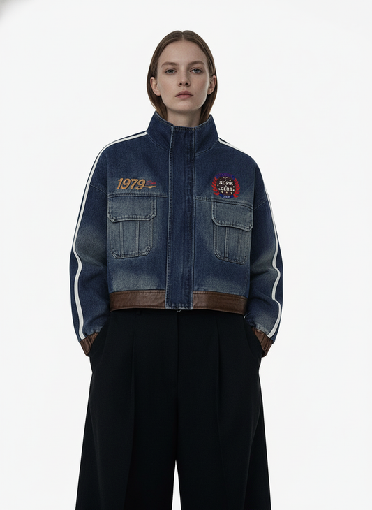 Retro Badge Embroidered Cropped Denim Jacket