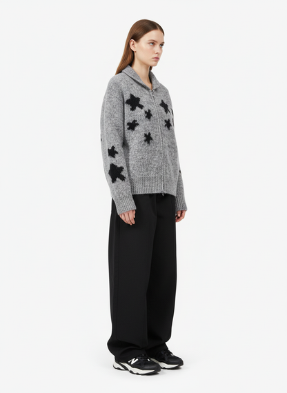 Casual Star Jacquard Double-Zip Cardigan Sweater