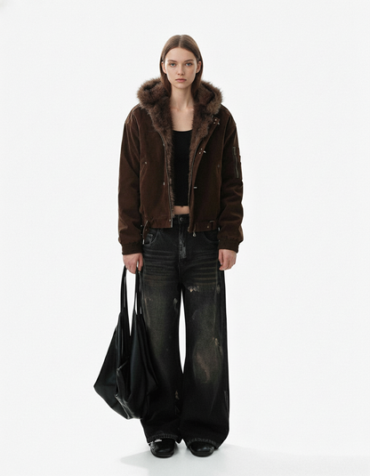 Fur Collar Suede Toggle Closure Padded Bomber Jacket