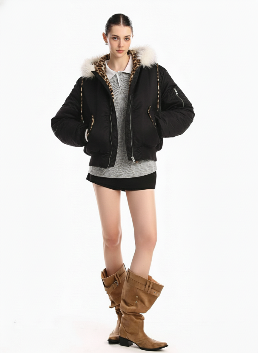 Retro Fur Collar Leopard Lined Bomber Jacket