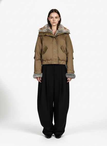 Retro Fur Collar Quilted Workwear Cotton Jacket